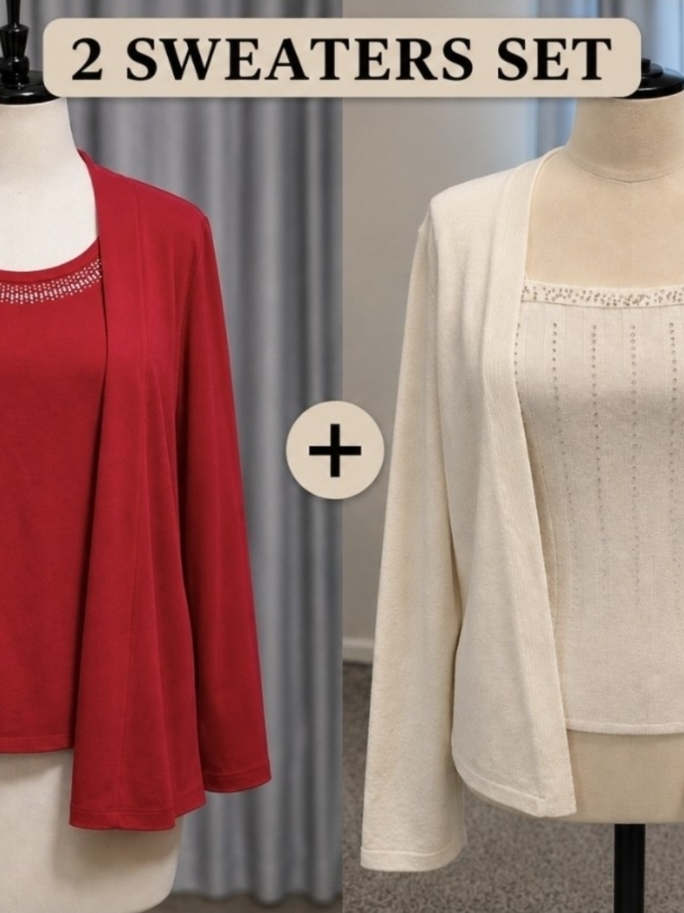 Basic Editions Women’s Open-Front Cardigan Set — Red & Cream